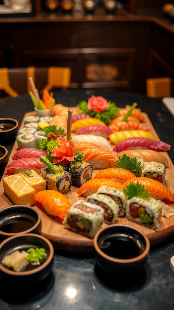 An elegant sushi dinner platter featuring various colorful sushi rolls and sashimi on a wooden board.